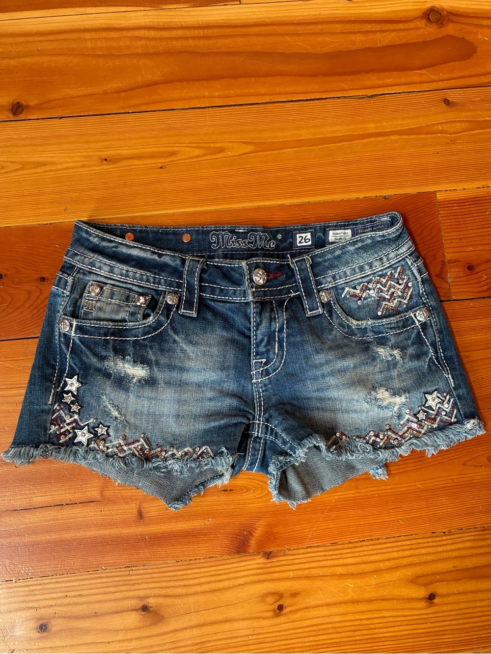 Miss Me Blue Embroidered Star Chevron Denim Shorts